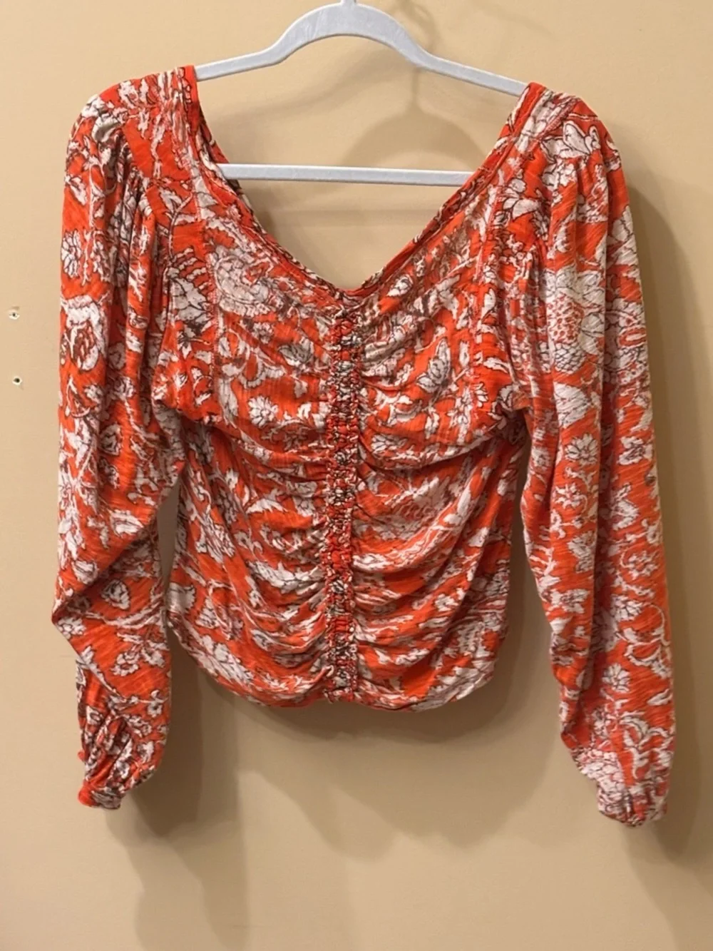 Free People Rust Floral Ruched V-Neck Blouse Size M